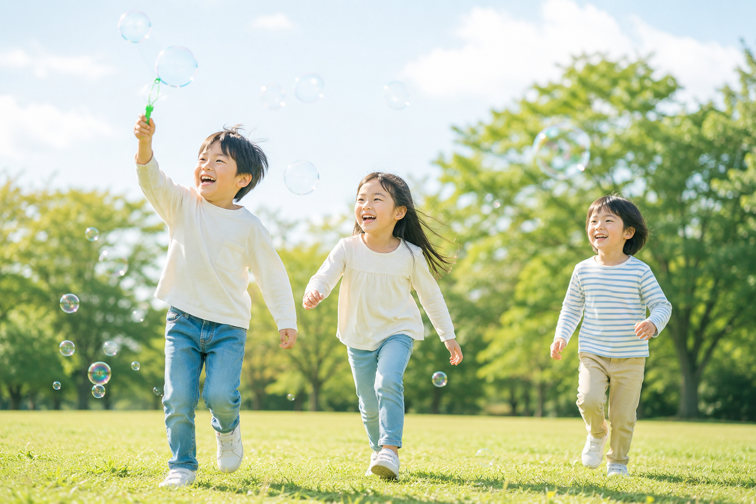 公園でシャボン玉を追いかける子どもたち