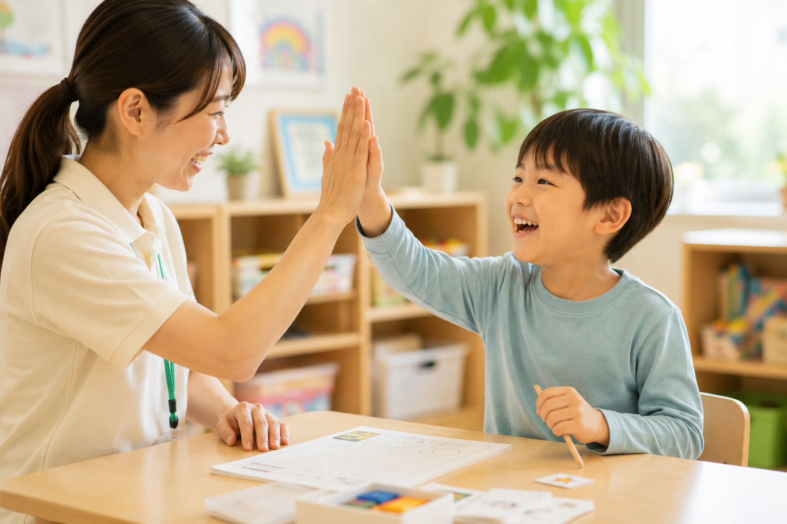 支援員と子どもがハイタッチして「できた！」を喜ぶ様子
