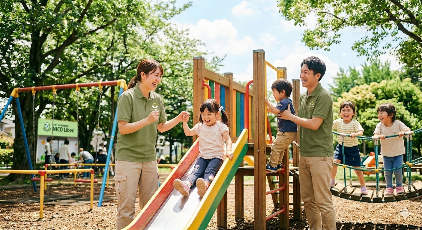 公園での活動を支援員が見守る様子